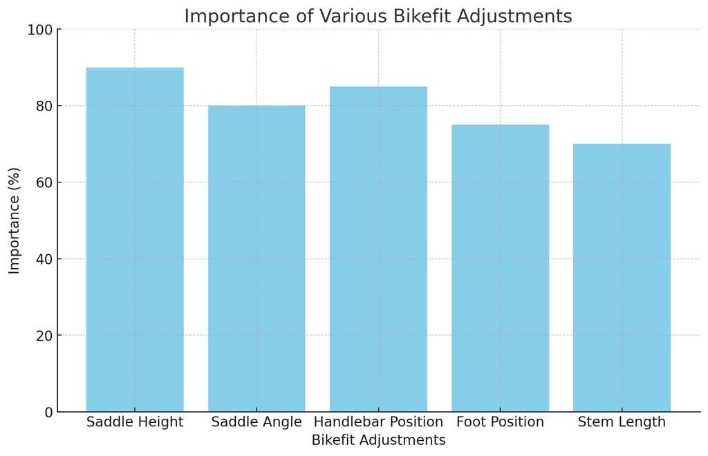 The visualization above represents the relative importance of various bikefit adjustments such as saddle height, saddle angle, handlebar position, foot position, and stem length. Each category is scored based on its impact on overall cycling comfort, efficiency, and performance. This graph provides a clear and concise way to understand the key components of bikefitting and their significance in achieving an optimal cycling experience